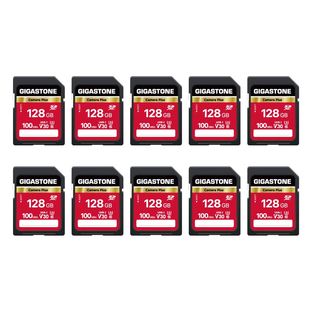 GIGASTONE 128GB SD Card 10-Pack, Camera Plus, UHS-I V30 U3 SDXC Memory Card High Speed UHD Video Speed up to 100MB/s, Compatible with Digital Camera, with 10 Mini Cases