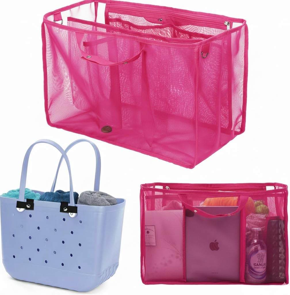 Beach Bag Organizer Insert Compatible with X Large Bogg Bags, Lightweight Mesh Divider Pouch for XL Rubber Tote Bags, Saves Space for Pool, Travel & Family Outings, 18" x 12.2" x 8.3" (Rose Red)