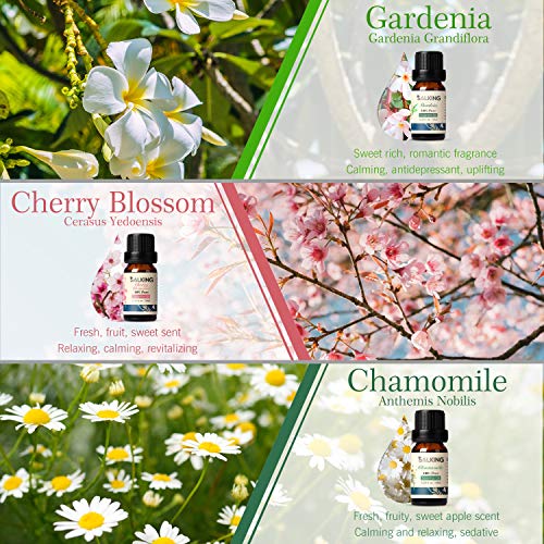 Floral Essential Oil Set, Pure and Natural Essential Oils, Rose, Cherry Blossom, Lavender, Gardenia, Ylang Ylang, Chamomile, Essential Oils for Aromatherapy Diffuser, Massage, Candle Making, 6x10ML