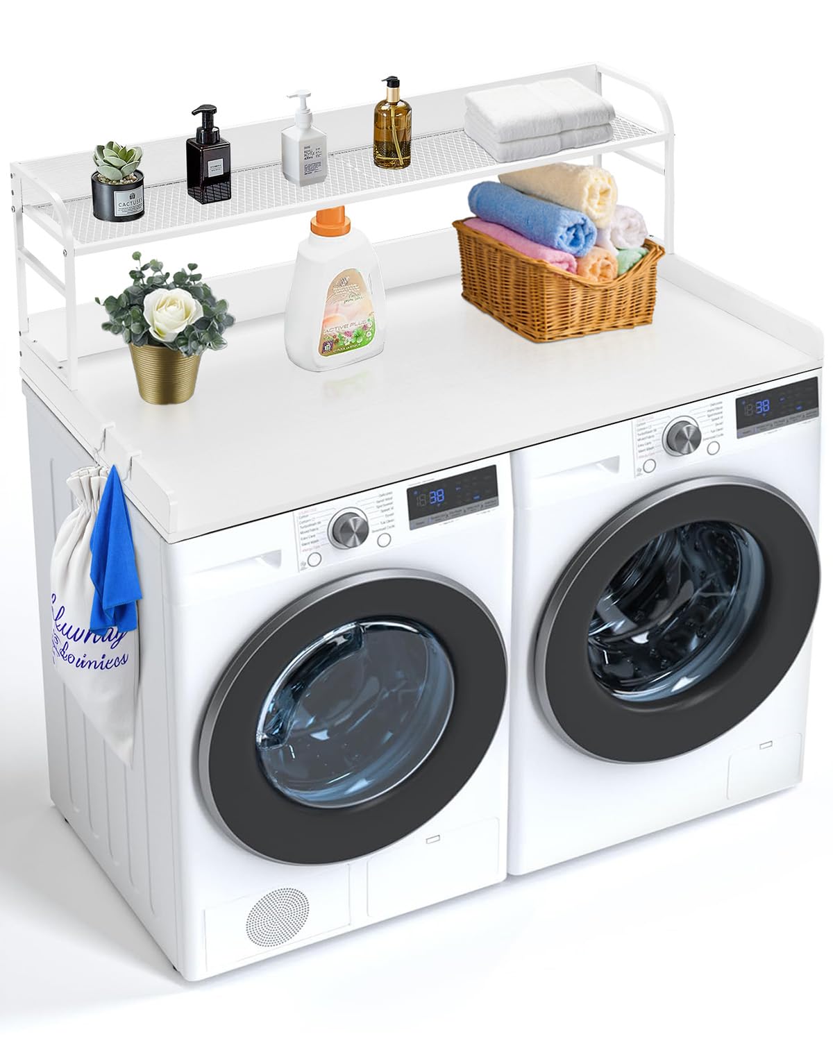 VEVOR Arbeitsplatte für Waschmaschine und Trockner mit 2-stufigem Regal (1370 x 700 x 419 mm) Trommelregal mit Anti-Rutsch-Pads, Wasserabweisende Wäscheauflage für Aufbewahrung weiß