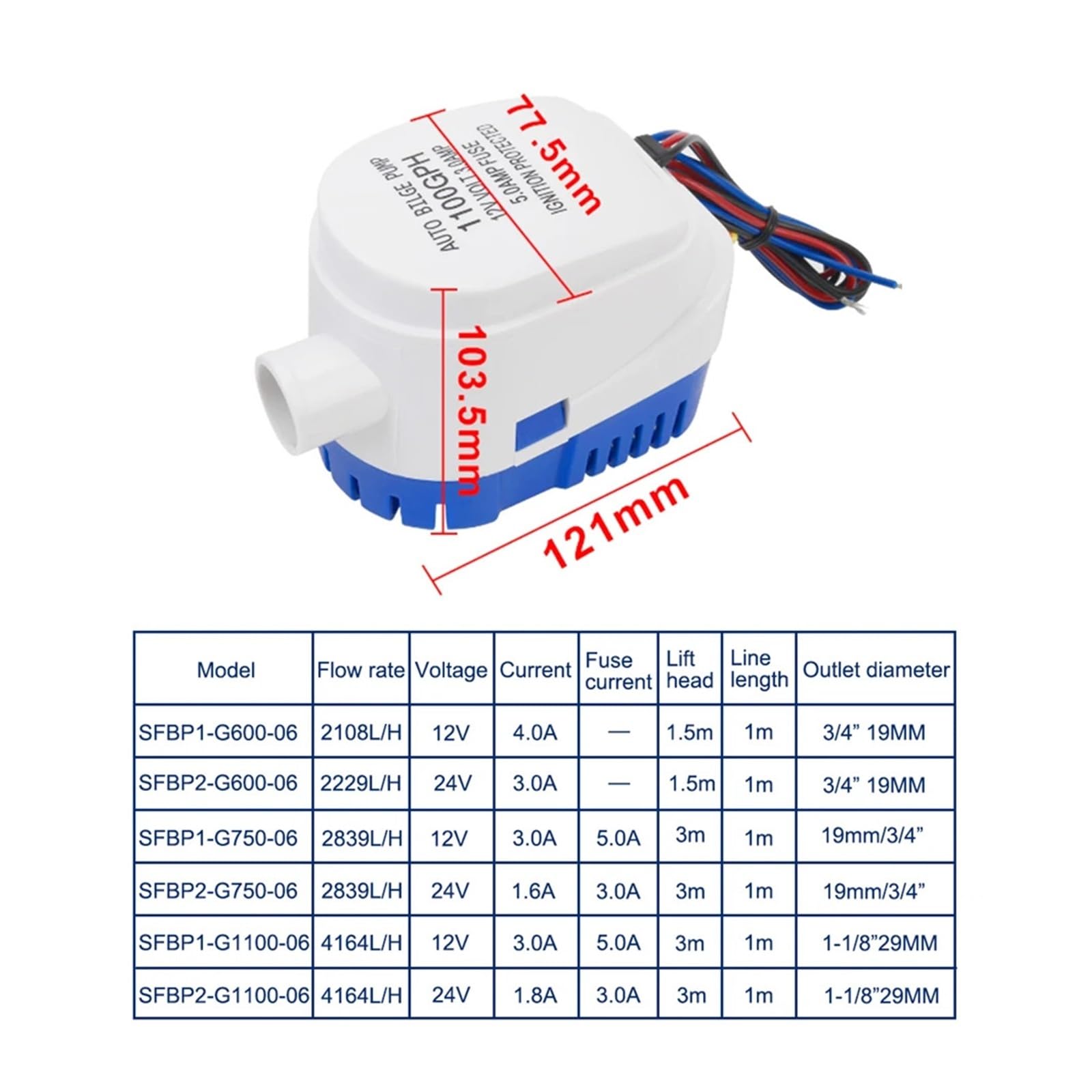 1 pz 12 V DC Automatica Barca Pompa di Sentina Sommergibile Elettrica Pompa Acqua Marina Piccola Auto 6500GPH 750GPH 1100GPH for Casa Galleggiante(1100GPH)