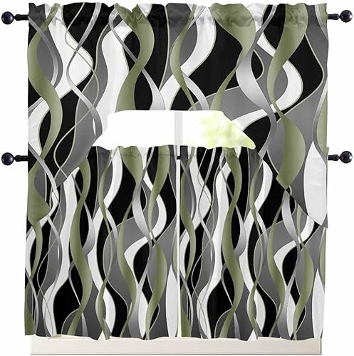 Juego de 3 cortinas de cocina con cenefa a rayas verdes salvia, con bolsillo para barra, para dormitorio, sala de estar, baño, ventanas, modernas,