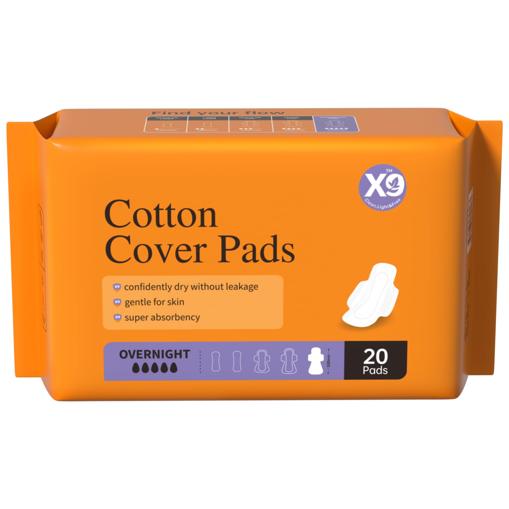 X9 Cotton Cover Period Pads with Wings, Overnight Absorbency All-Night Leak Guard Sanitary Napkins, 320mm, 20 Count