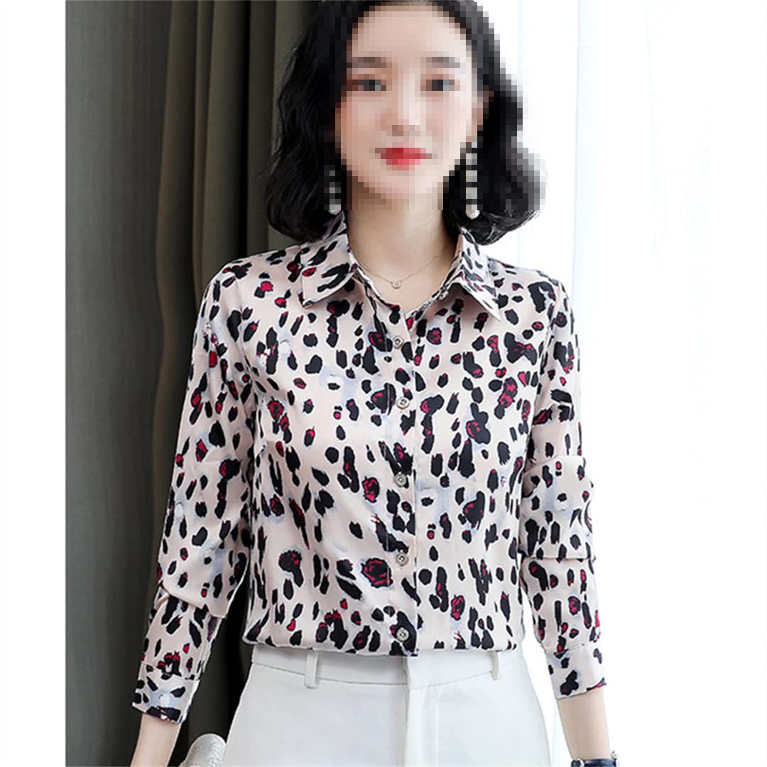 Camisas de Seda para Mujer Blusas Camisa de Manga Larga con Estampado de Leopardo Tops Blusa de Trabajo Floral de satén para Mujer pic-10 S
