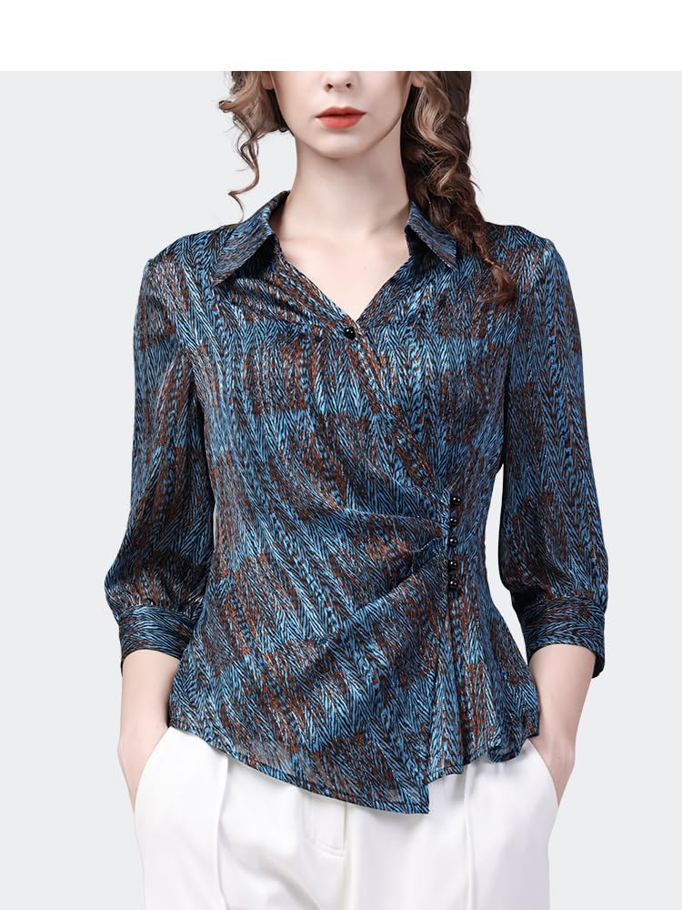 Camisa a Rayas con Estampado de Gasa Sedosa para Mujer, Blusas holgadas con Manga Tres Cuartos y Cuello Vuelto, Blusas para Primavera y Verano (Azul S)