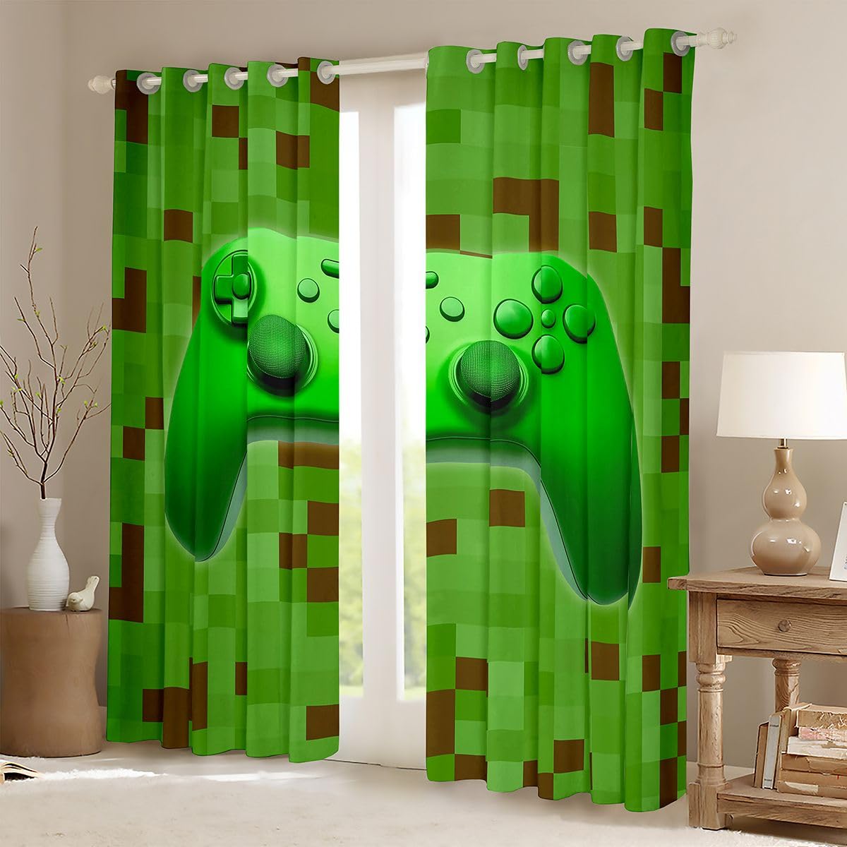 Homemissing Rideaux occultants pour fenêtre de jeu de pixels (2 panneaux, 132,1 x 160 cm) pour chambre d'enfants et de garçons, rideaux occultants pour fenêtre de jeu, vert