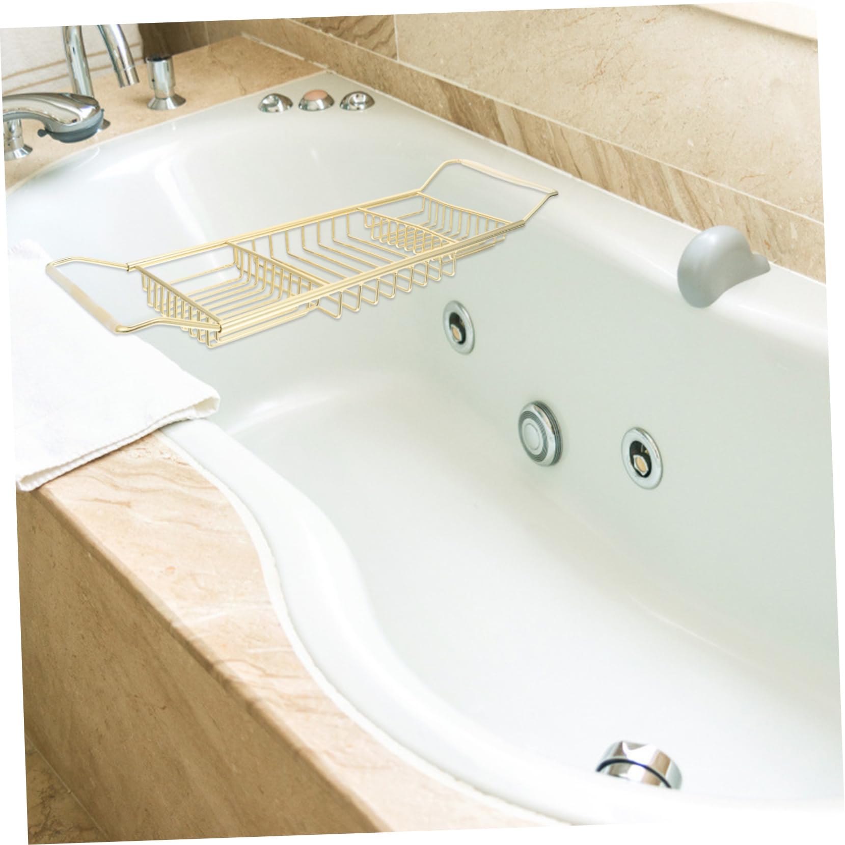 Bandeja Organizadora De Bambú Para Bañera Con Laterales Extensibles Y Estante De Acero Inoxidable Para Bañera Con Soporte Para Barra De Sonido Y Jabonera - Dorado - 63 X 20 X 4 Cm, Dorado - 63 X 20 X