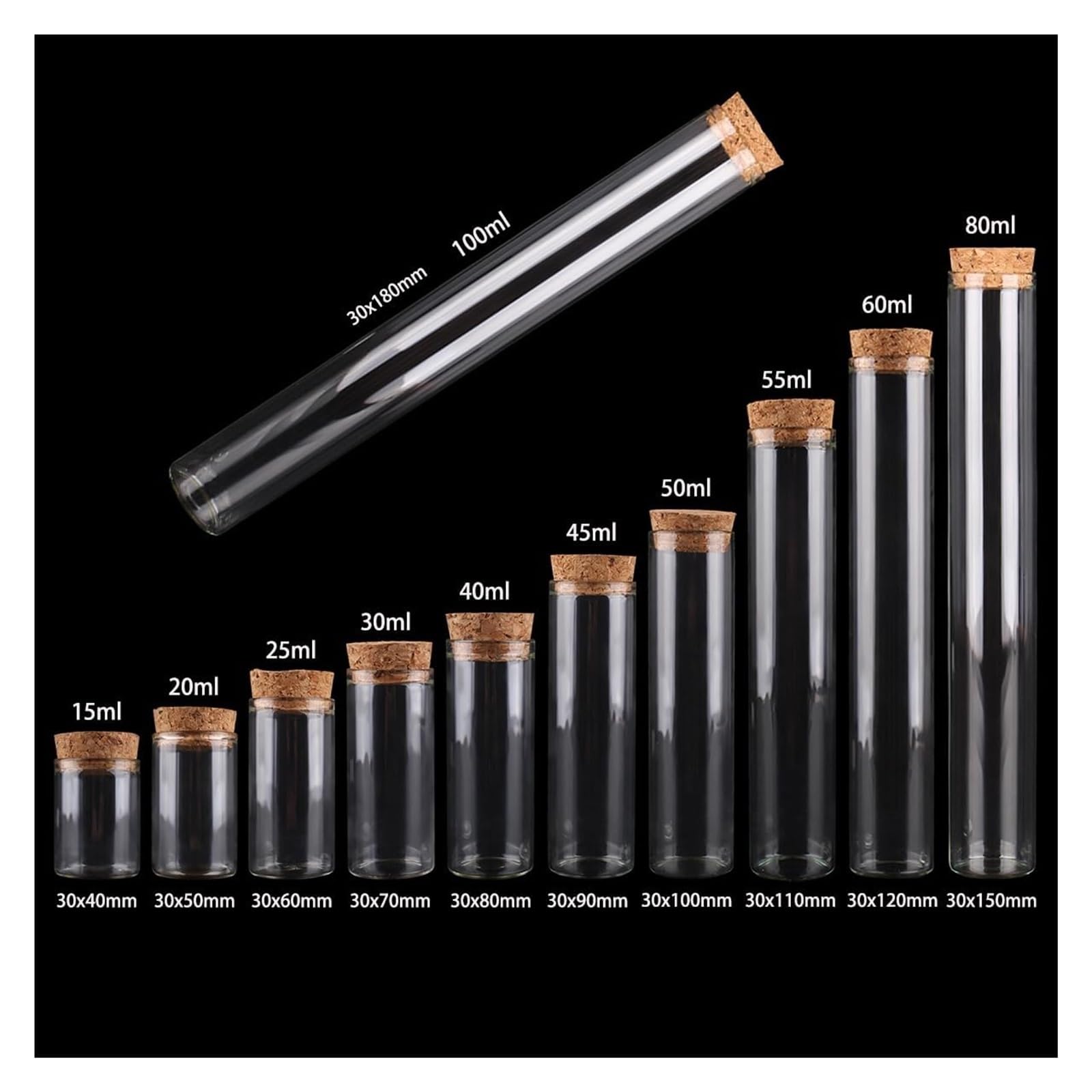 Provette in Vetro Trasparente, Confezione da 12 provette in Vetro con Tappo in Sughero 15-60 ml for lavori Fai Te(100ml)