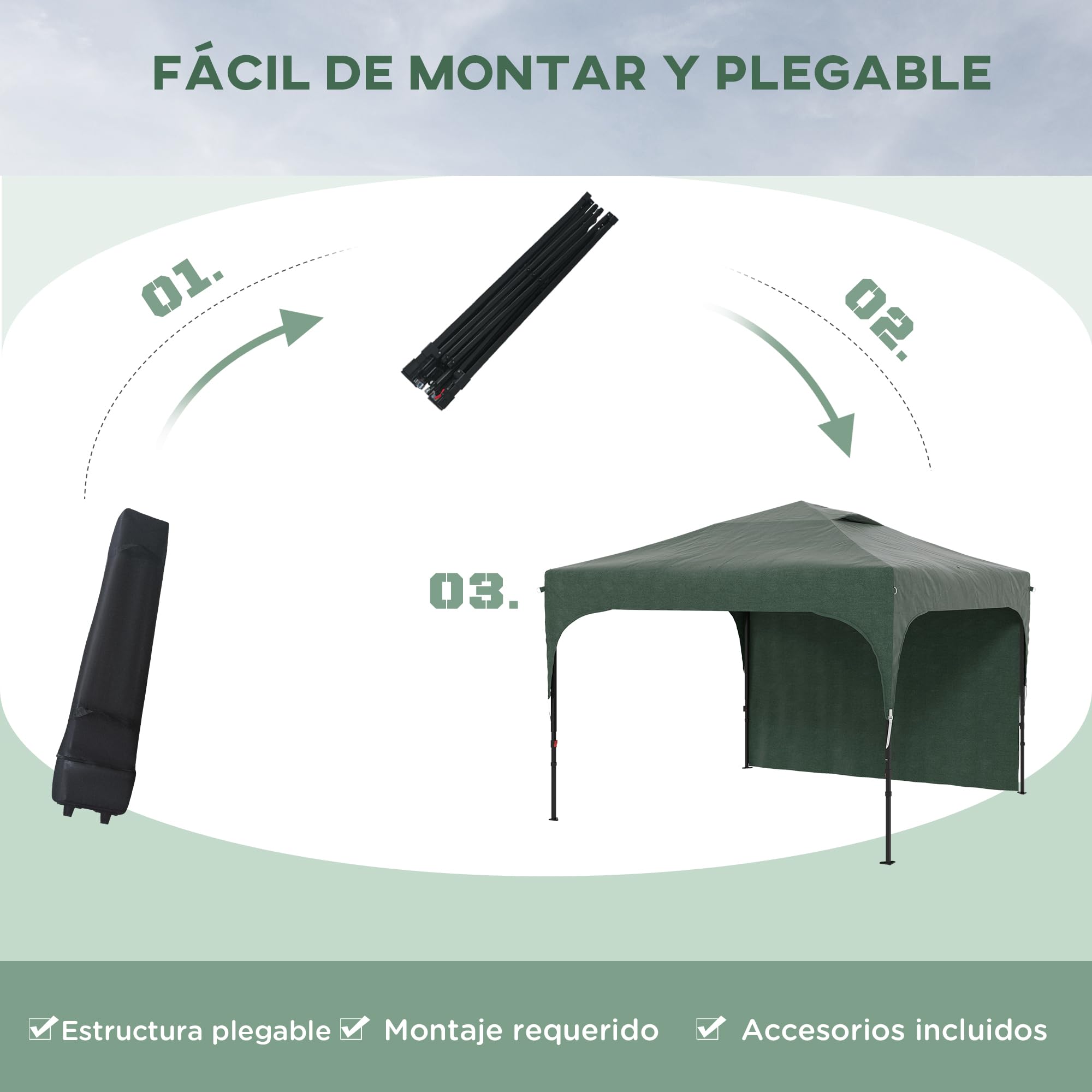 Outsunny Carpa Plegable 3x3 m Cenador de Jardín con Altura Ajustable 1 Pared Lateral Impermeable 4 Bolsas de Arena y Bolsa de Transporte Gazebo para Exterior Patio Fiestas Verde