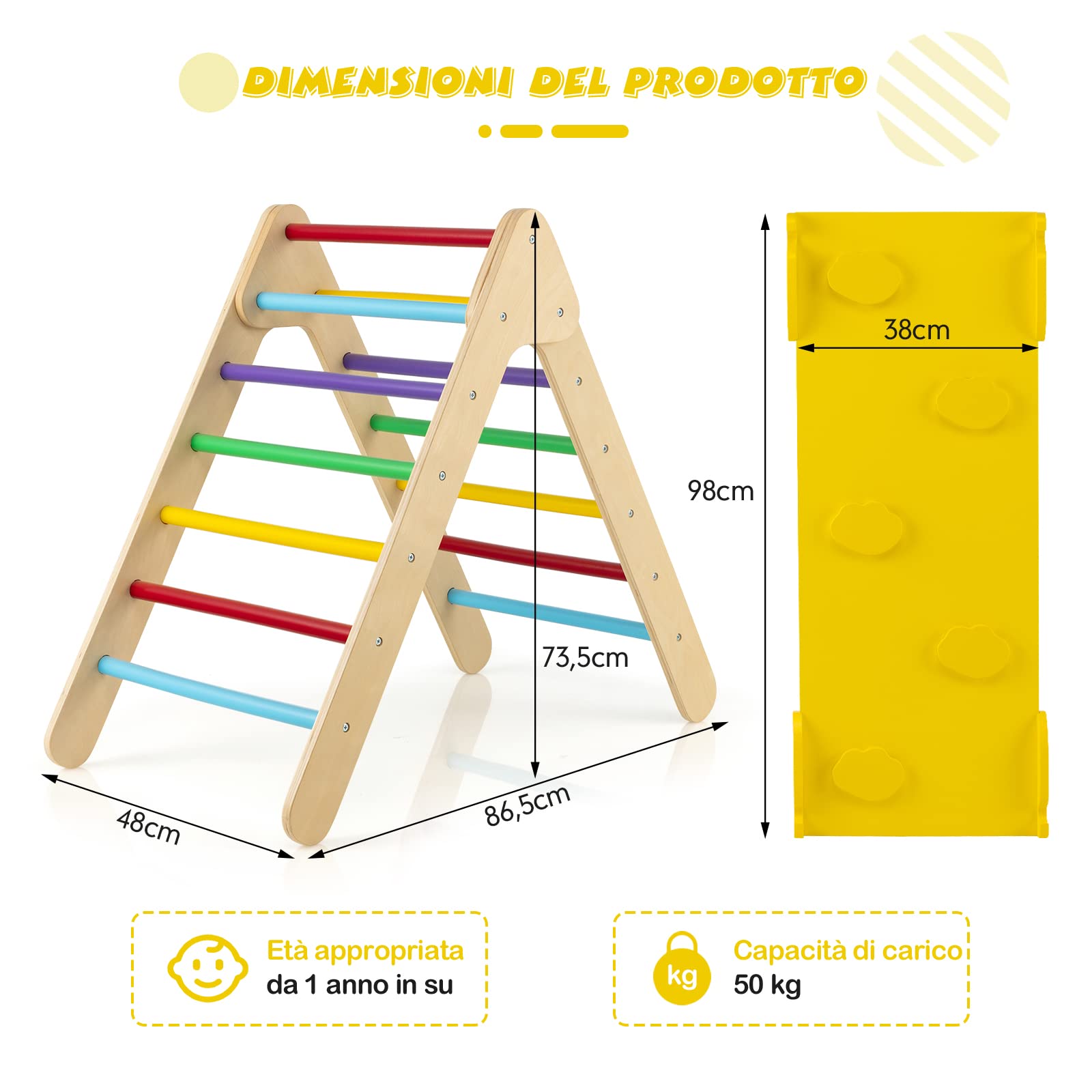 RELAX4LIFE Triángulo de Escalada con Tobogán para Niños, Escalera de Escalada de Madera, Triángulo Estable, Parque de Atracciones para Niños de 1+ Años (Modelo 4 Colorido)
