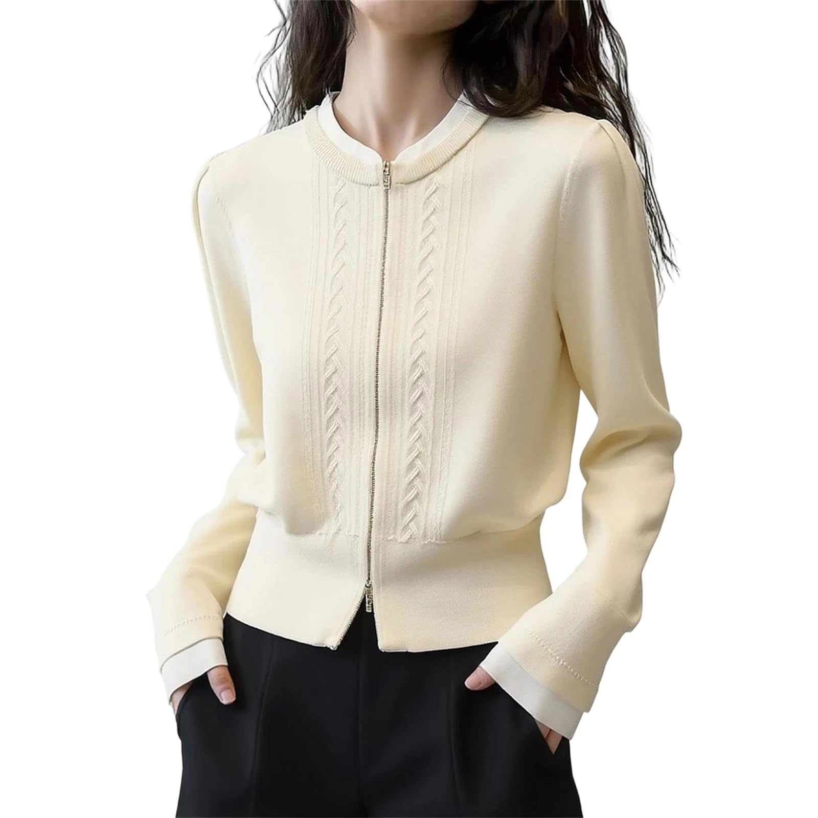 Suéter tipo cárdigan con cremallera para mujer, cuello redondo, doble cremallera, ajuste delgado, para otoño y primavera, elegante chaqueta de manga larga