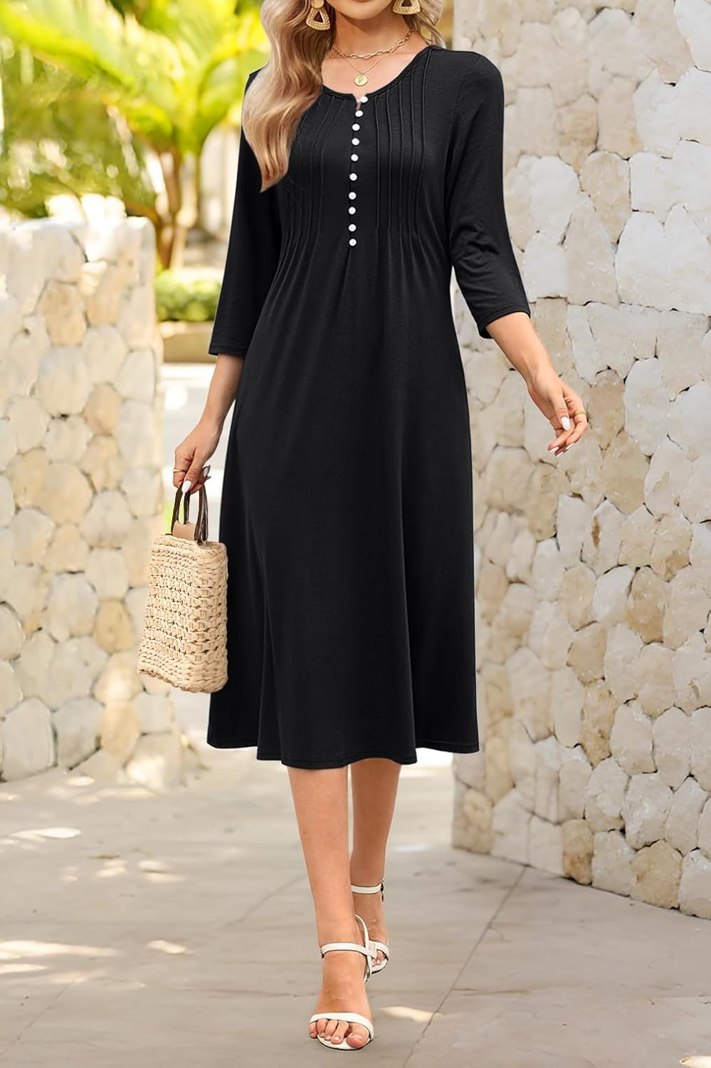 Soesdemo Long Sleeve Dress for Women Casual V Neck Pleated Button Down 3/4 Sleeves Knee Length Midi Dresses with Pockets - Image 2