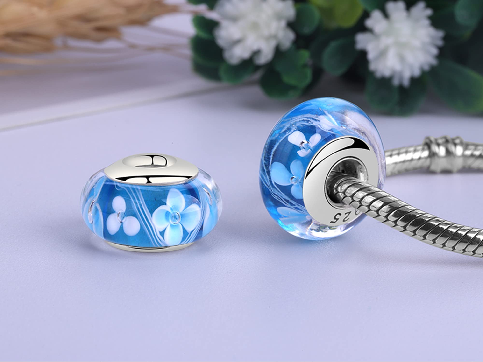 Charm en Cristal de Murano, Colgante Transparente para Pulsera y Cadena para Mujer, Flor Charms de Plata 925%,Abalorio Compatible Pandora Gnoce y Trollbeads