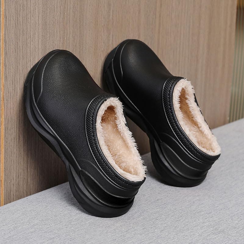 Men's Plush Lined Waterproof Chef Shoes, Anti-Slip, Oil-Resistant, Solid Closed Toe EVA Shoes, Women's Slippers (Black,8)