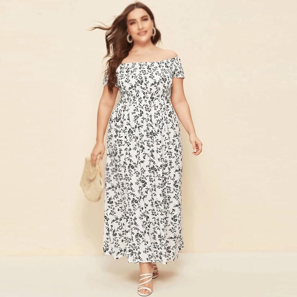 JSEIAJB Off Shoulder Dress Women Split Thigh Floral Dresses Slash Neck Boho Sundress Party Dress