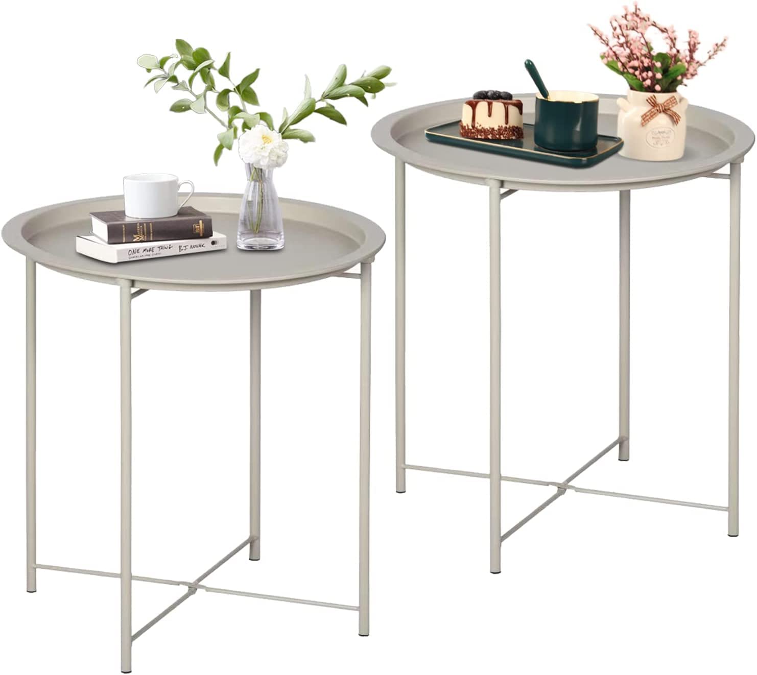 vecelo side/end table, folding round metal anti-rust and waterproof outdoor or indoor tray for living room bedroom balcony and office, 2 pcs, grey