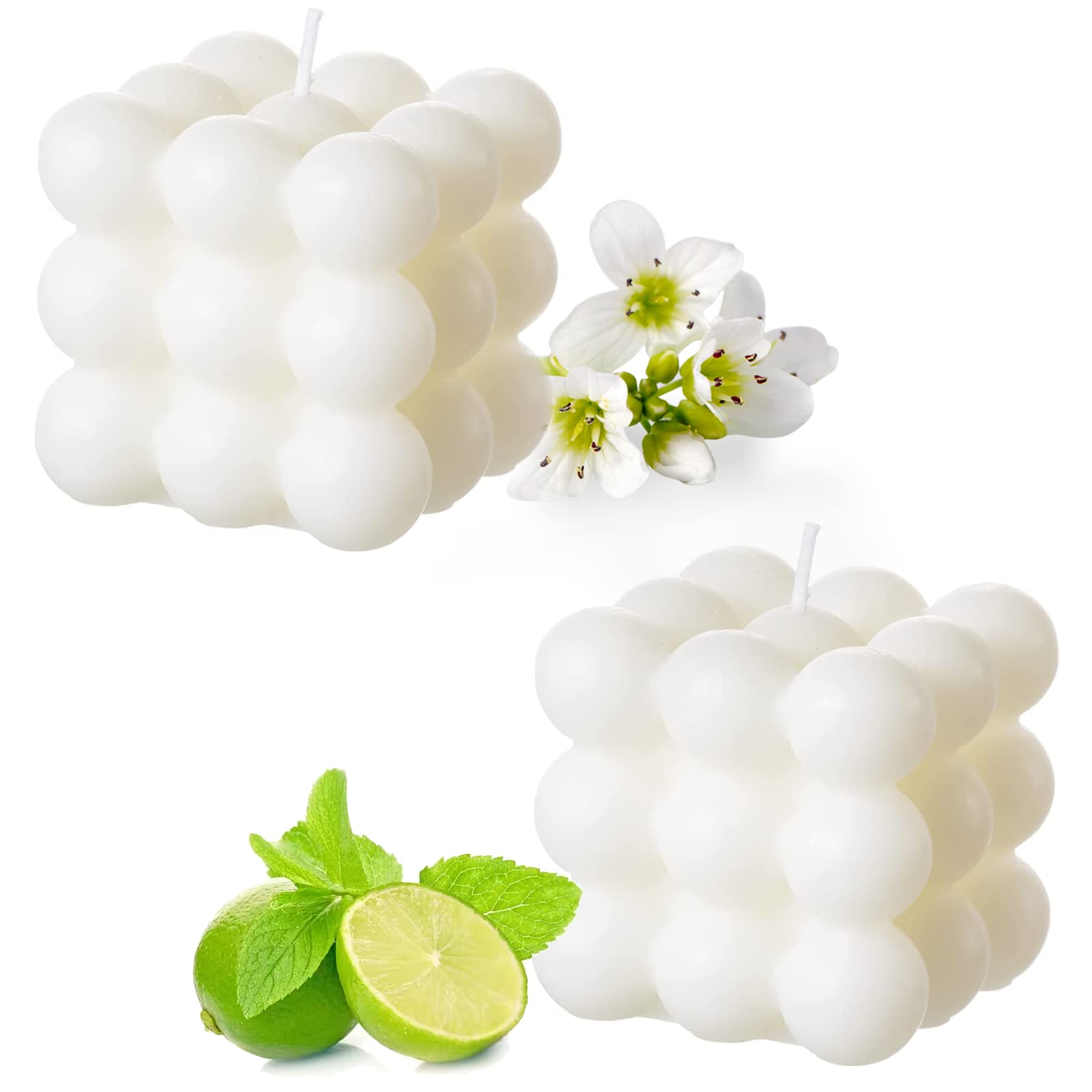 Vela Burbuja | Velas artesanales naturales y perfumadas | Velas 100% Veganas | Velas decorativas sostenibles elaboradas con cera de soja natural | decoración bohemia | 6 x 6 x 6 cm (2pc, blanco)