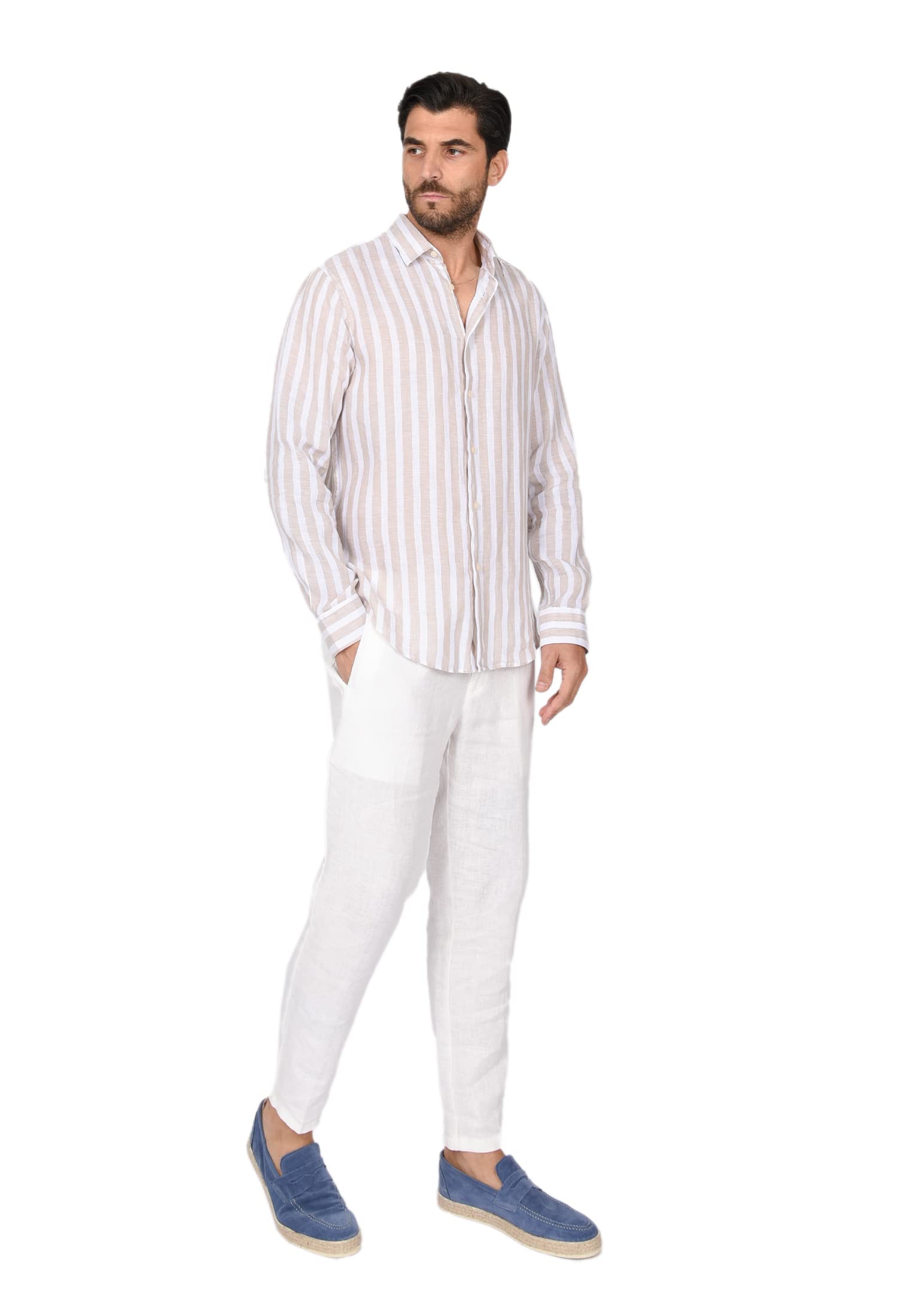 Camisa de hombre elegante 100% lino Camisas de manga larga a rayas Casual Slim Fit