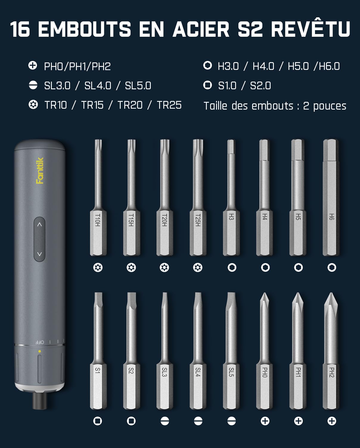 Fanttik S1 Pro Tournevis électrique 3.7V Sans Fil avec 16 Foret Magnétique Acier S2 Charge USB-C