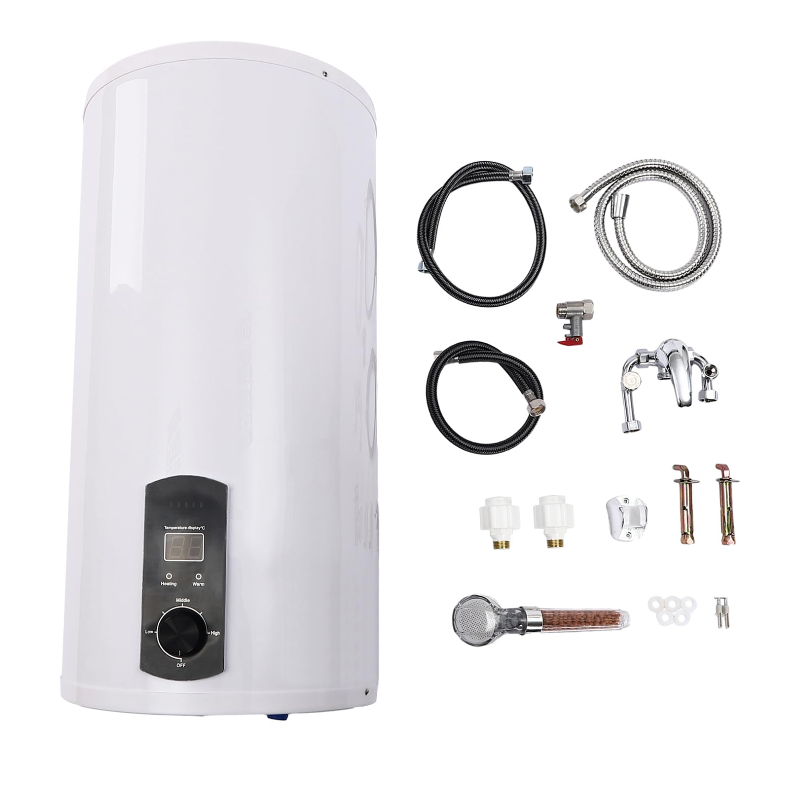 Scaldacqua istantaneo con serbatoio da 80 litri, scaldabagno elettrico con rubinetto e doccetta, dispositivo con contenitore interno smaltato, scaldabagno digitale con indicatore LED per bagno
