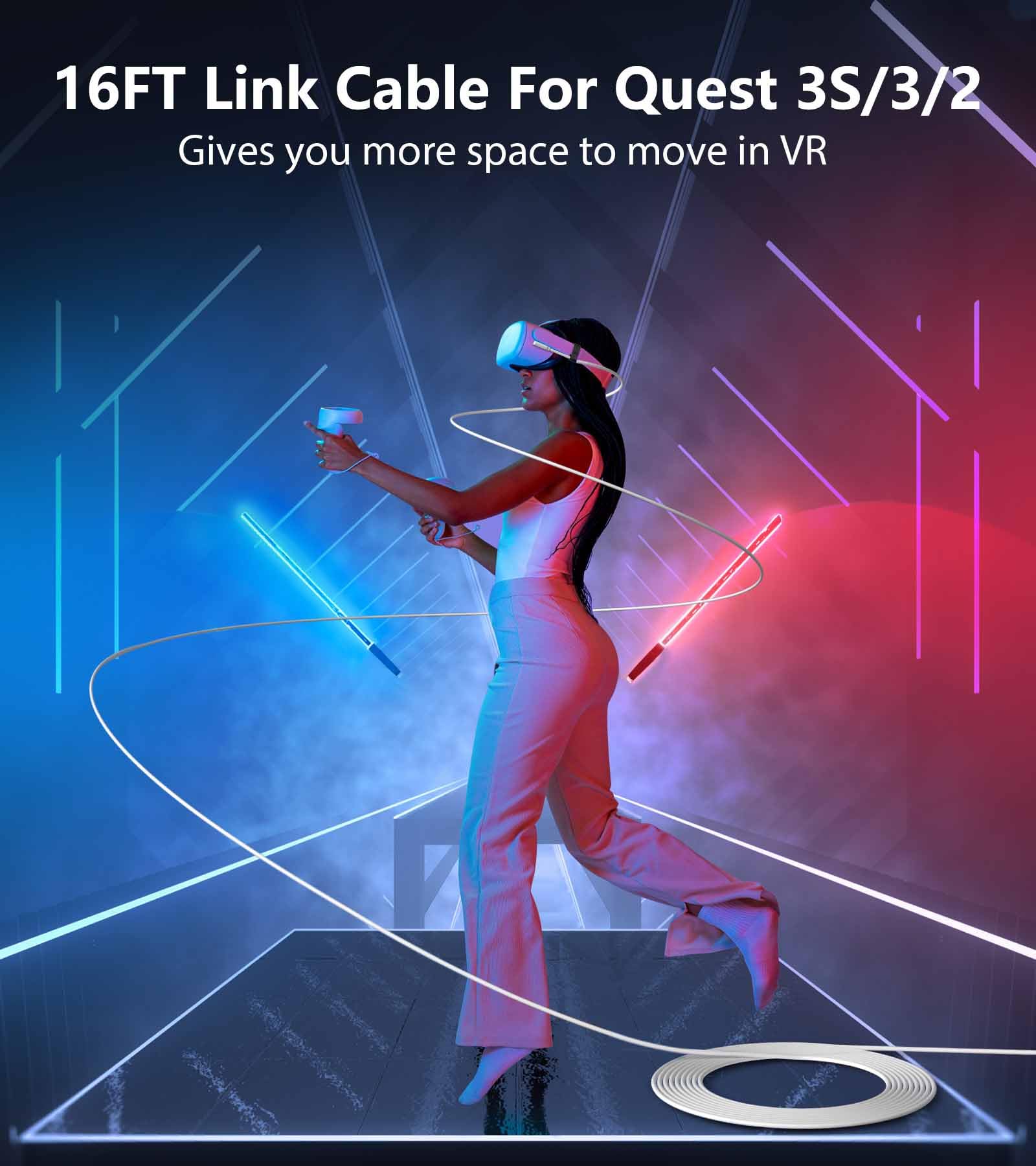 Kabel połączeniowy o długości 3 m, kompatybilny z kaskami rzeczywistości wirtualnej Meta/Oculus Quest 3, Quest 2/Pro, PICO 4, akcesoriami VR, przewodem do ładowania i przewodem do transmisji