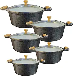 Jogo De Panelas Cerâmica Atoxica Antiaderente em Aluminio Fundido Com Tampas em Vidro Temperado