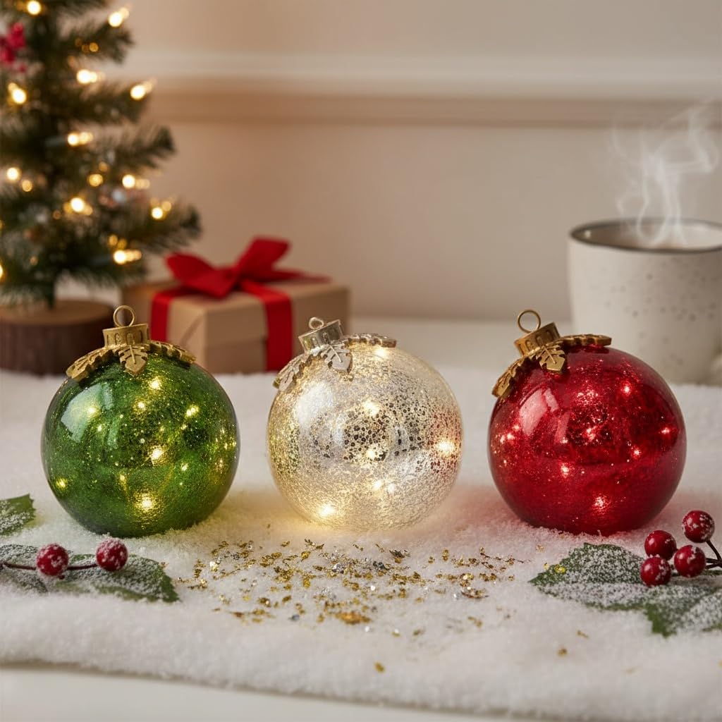 Sfera a LED con illuminazione automatica, con timer di 6 ore, decorazione da tavolo, decorazione per feste, ornamento natalizio da scrivania