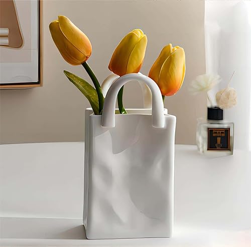 White Ceramic Vase-Flower Vase, Purse Vase with Handle Aesthetic Room Decor, Dried Flower Vases for Modern Home Décor. Unique