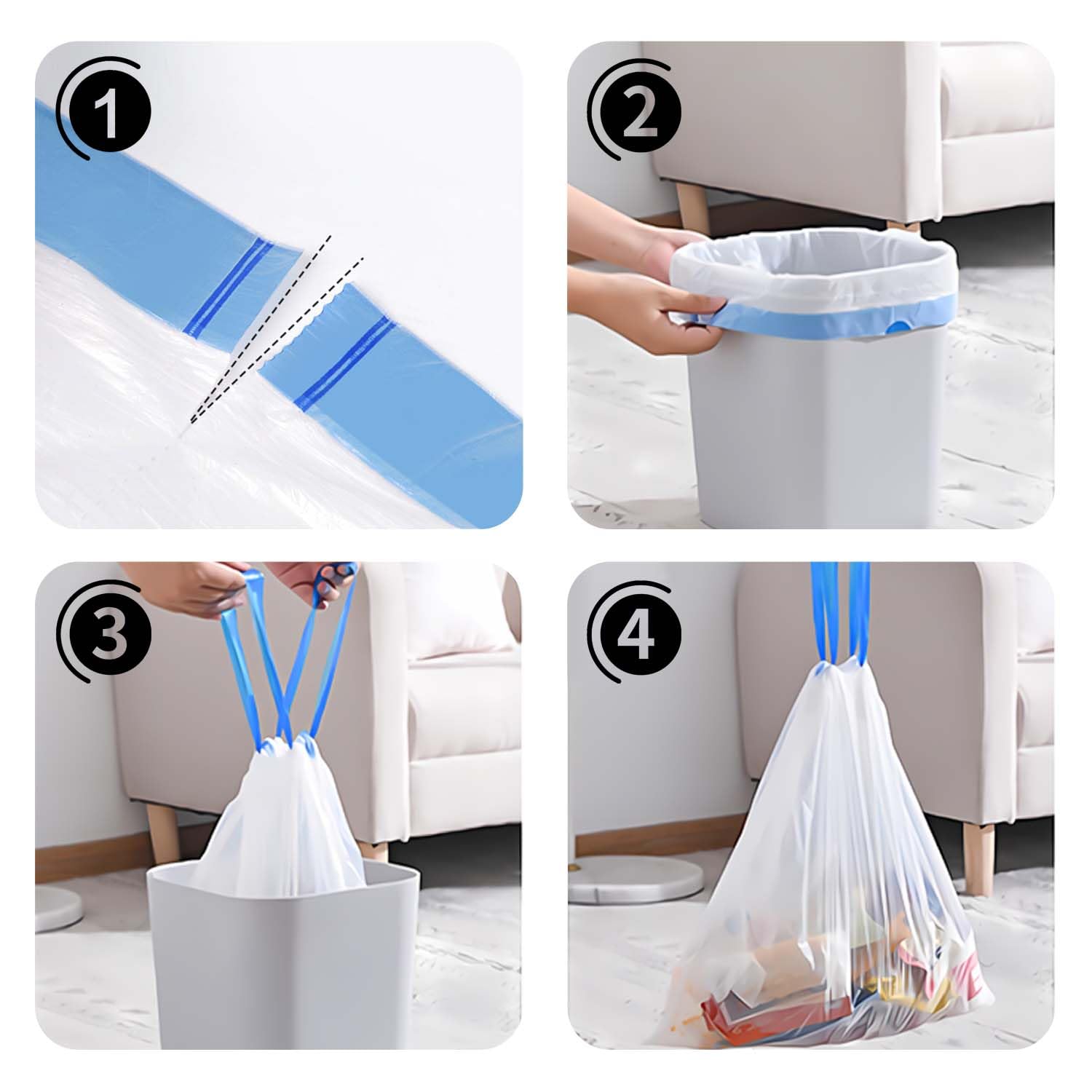 60PCS Sacchi Spazzatura 50L, LxH: 70x75cm, Bianco, Polietilene-Sacchetto Della Spazzatura, UE Adatto per la Maggior Parte dei Medi ''50L'' Pattumiera(6 Rotoli, 10 per Rotolo)