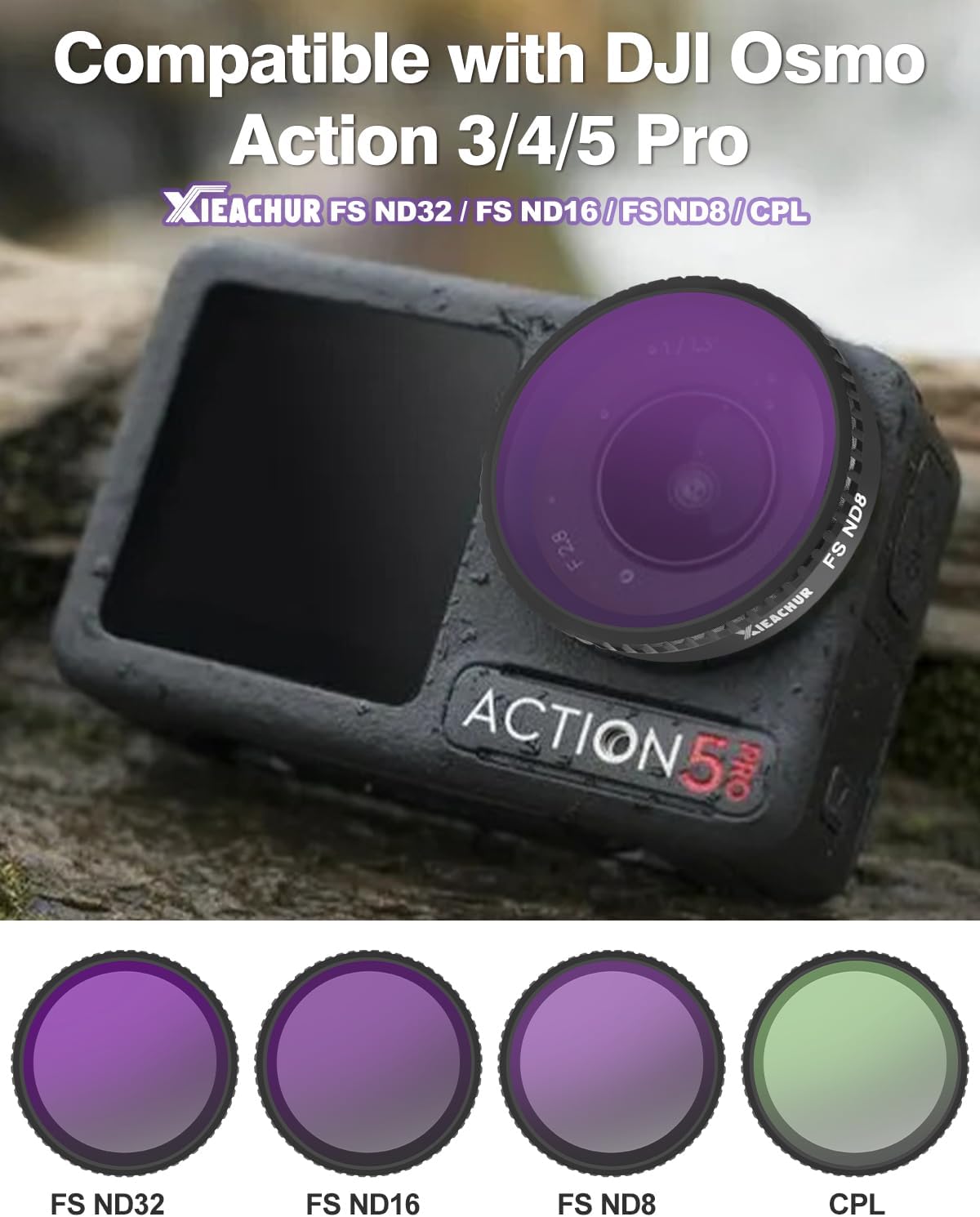 ND Filter Kit for DJI Action 5 Pro Action 4 Action 3 Camera Accessories, 4-Pack CPL ND8 ND16 ND32 with Silicone Lens Cap, Polarizing Lens Filters, HD Optical Glass, Snap-On Design