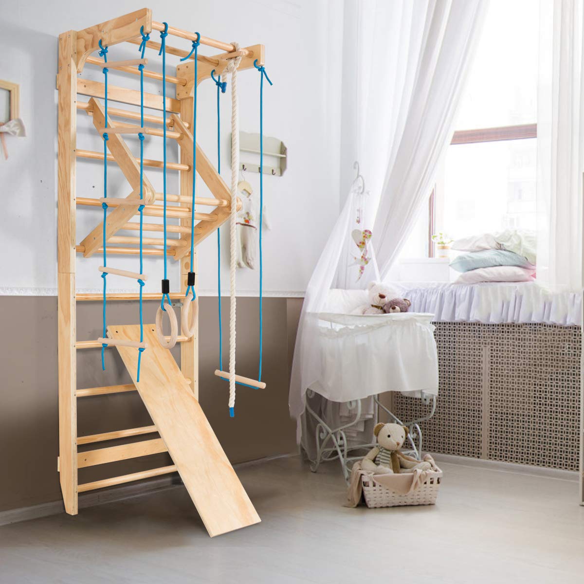 COSTWAY Sprossenwand Holz Turnwand Kletterwand inkl. Montagematerial, Heimsportgerät Klettergerüst 80x60x220cm