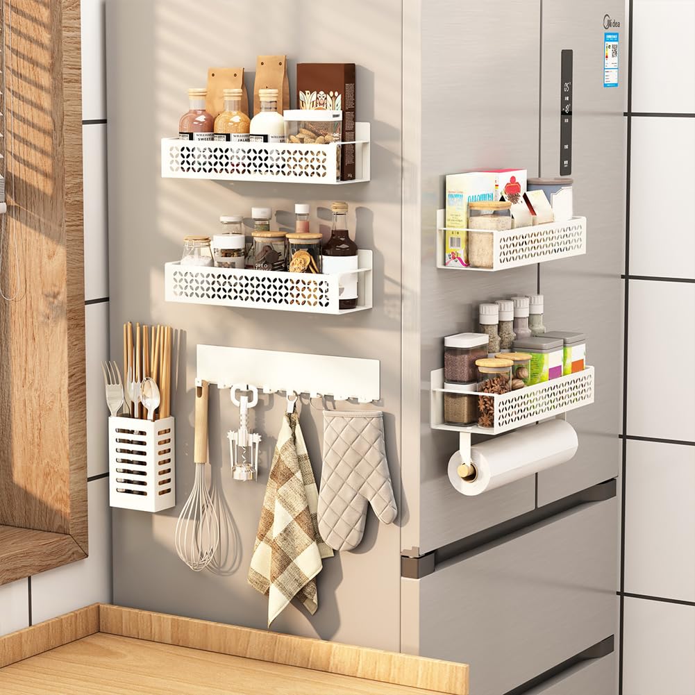 Curtainboro Magnetic Spice Rack for Refrigerator, 4 Pack Spice Shelf, Magnetic Fridge Shelf With Paper Towel Holder for Refrigerator, Microwave, Seasoning Organizer for Kitchen