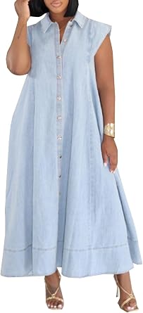 Tcremisa Womens Maxi Denim Dress Casual Retro Sleeveless Button Down Loose Oversized Long Jean Dresses Streetwear