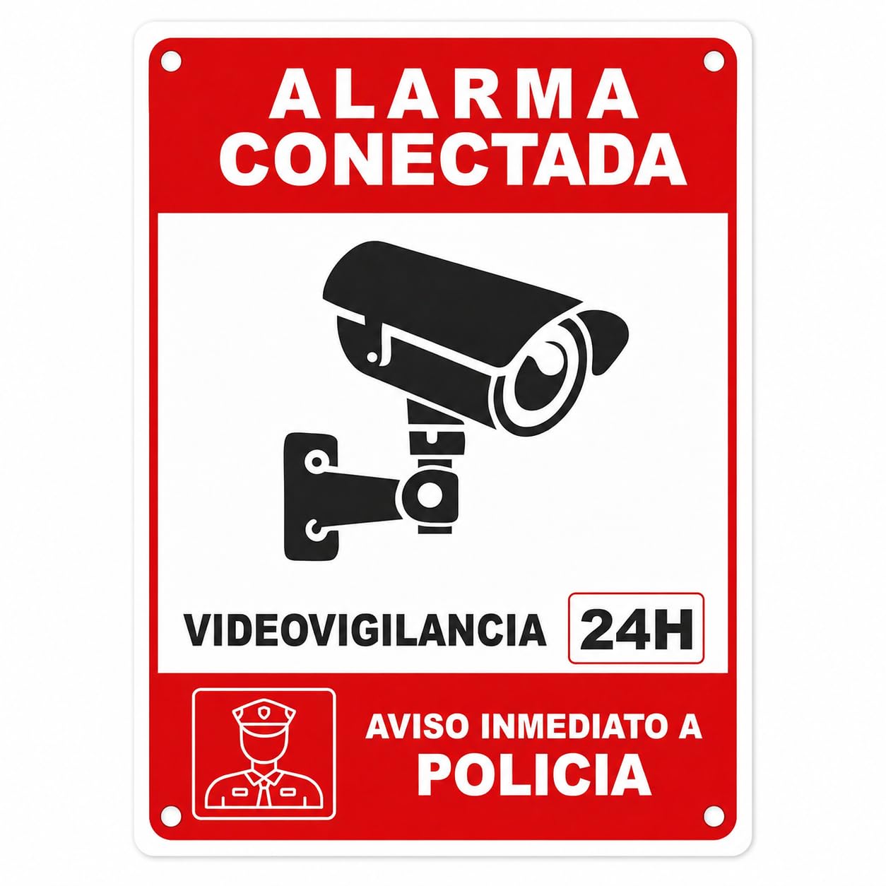 Cartel Alarma Conectada Videovigilancia 24H – Aviso Inmediato a Policía – Placa Seguridad CCTV Alupanel 3mm para Interior y Exterior – Resistente UV y Agua – Señal Disuasoria Roja 20x15 cm