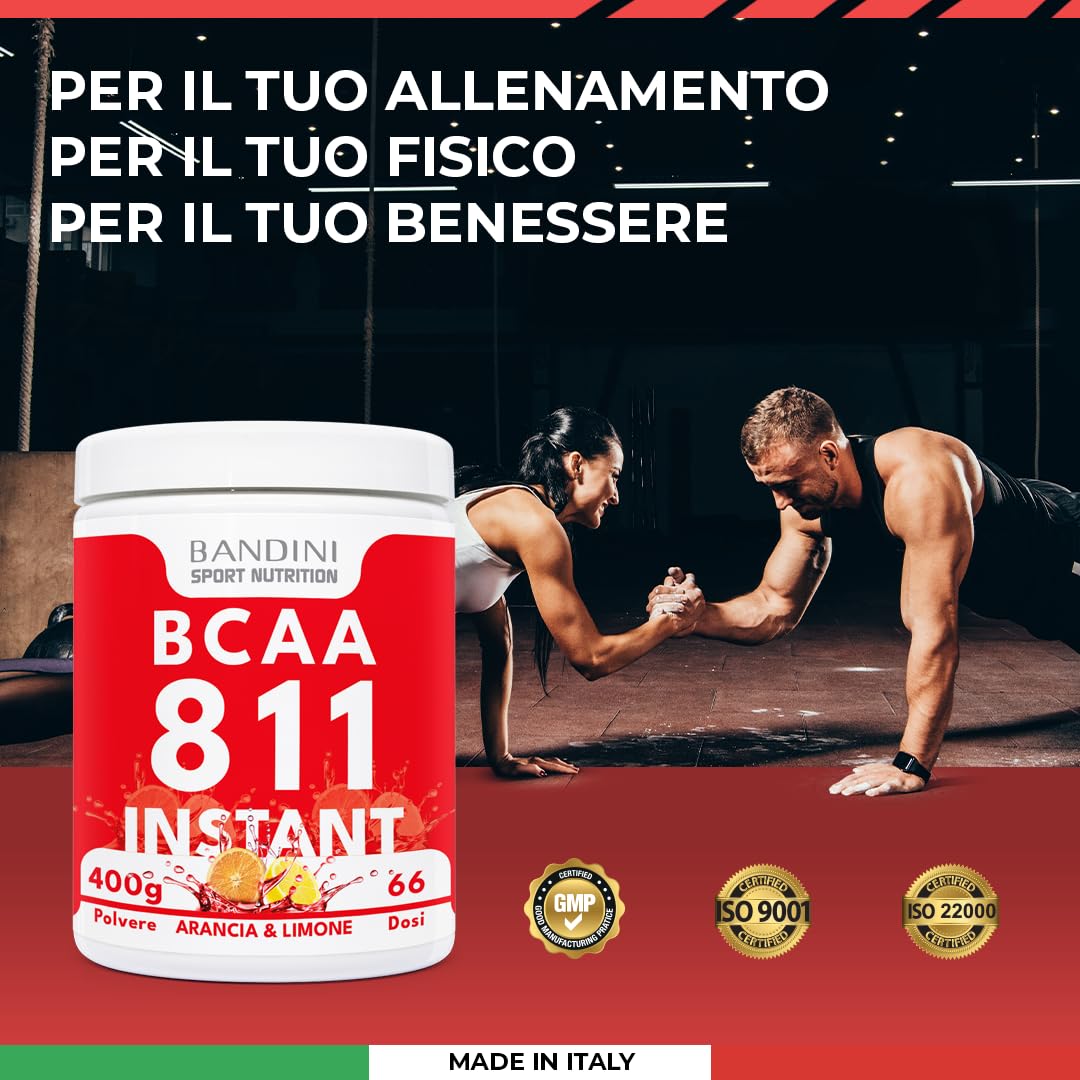 Bandini® BCAA POWDER 8 1 1 integratore di AMINOACIDI RAMIFICATI in rapporto 8:1:1 400 g 100% Vegan - Gusto ARANCIA e LIMONE - Polvere Aromatizzata - per Palestra e Sport Pre Intra e Post Workout