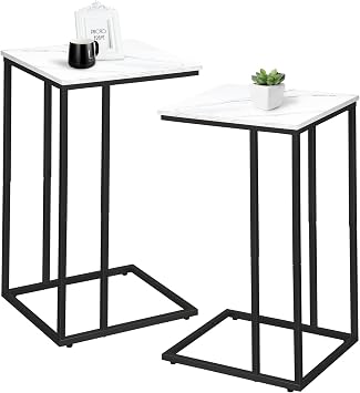 C Shaped Side Table Set of 2, Marble End Table for Sofa and Bed, Couch Table That Slide Under, Snack Side Table for Living Room, Bedroom or Small Spaces, White and Black