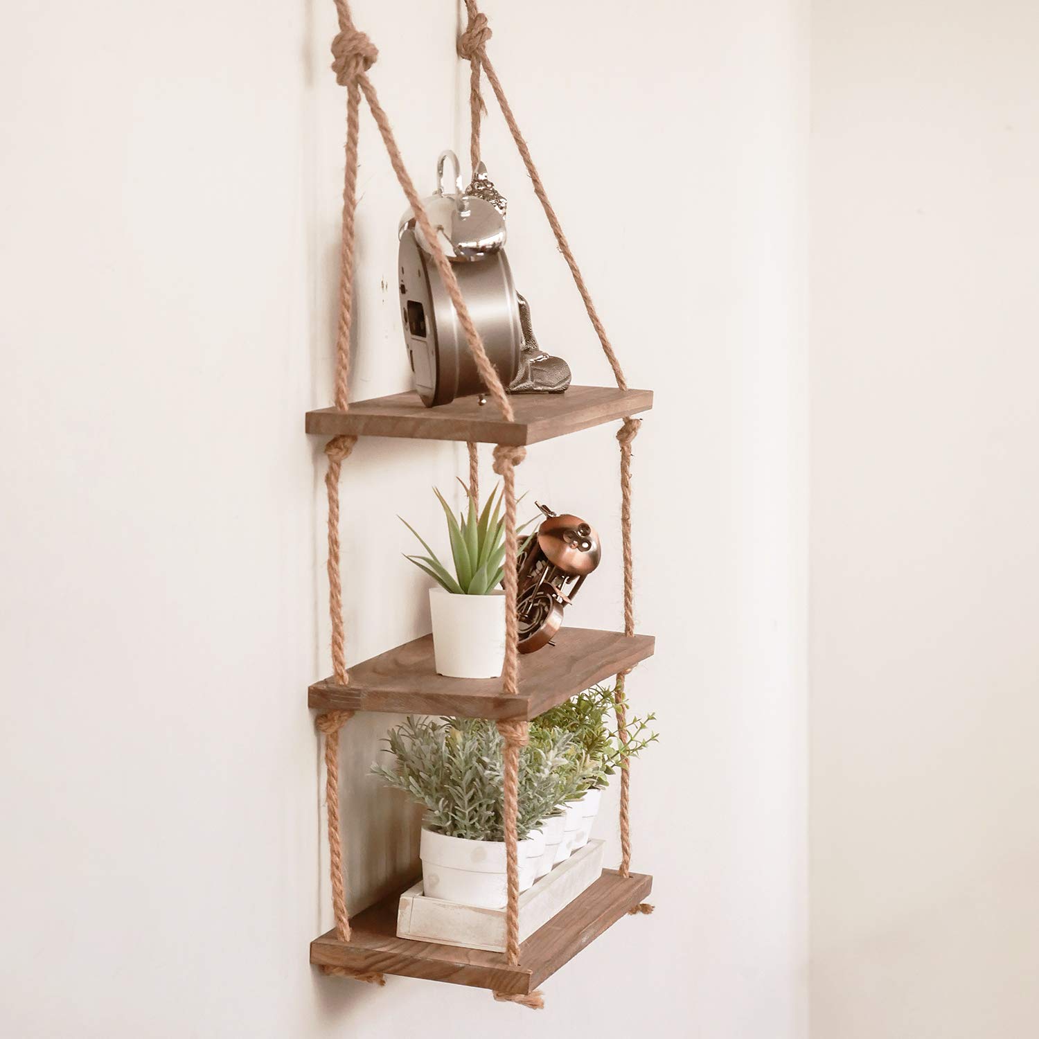 Homezone® 3 Tier Vintage Shabby Chic Shelving With Rope Shelf Rustic