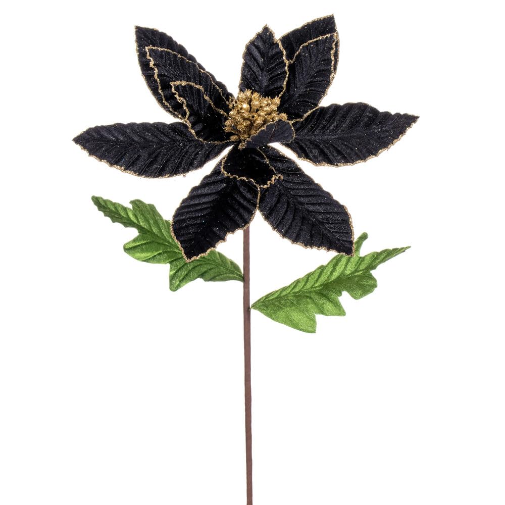 22 in. Velvet Glitter Trim Poinsettia Spray Black - 6 per Bag
