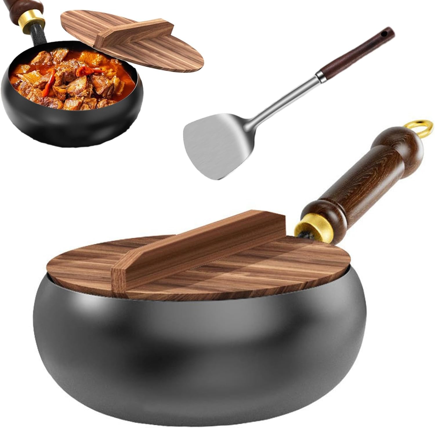 Wok Giapponese in Ferro forgiato a Mano con Coperchio in Legno – Wok in ghisa Naturale Antiaderente – Wok in Acciaio Inox Senza Rivestimento – Compatibile con induzione, Gas ed Elettrico,24cm