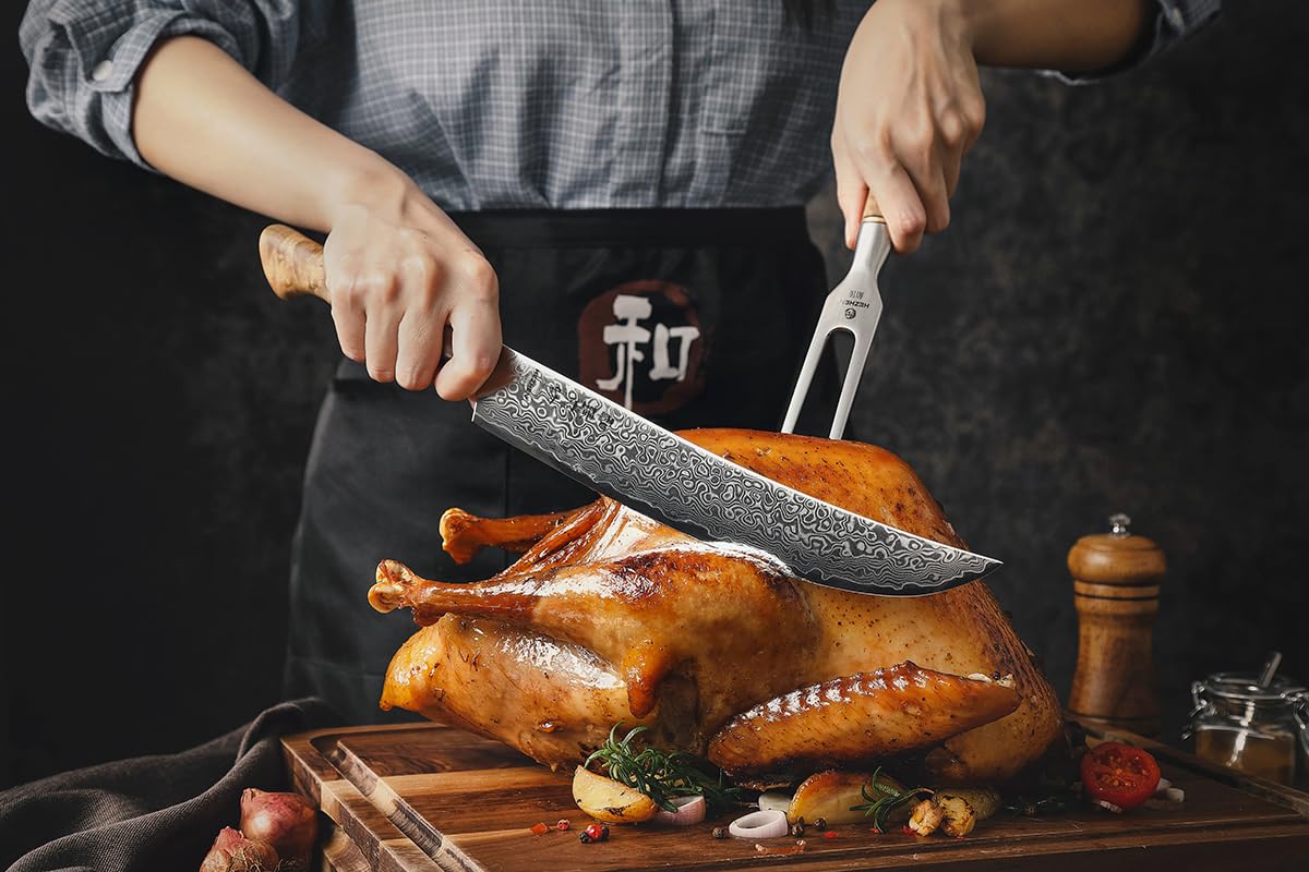 HEZHEN Damast Tranchiermesser, Damaststahl Fleischmesser Professionelle Slicer Messer, Zum Schneiden von Truthahn, Grill