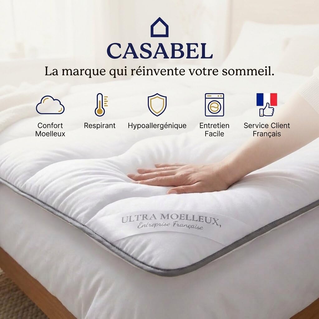 CASABEL Surmatelas Nuage 140 x 190 cm en Microfibre - Confort Optimal - Moelleux, Anti-acarien, Respirant- pour Matelas 2 Places Adulte et Enfant, Clic Clac, BZ