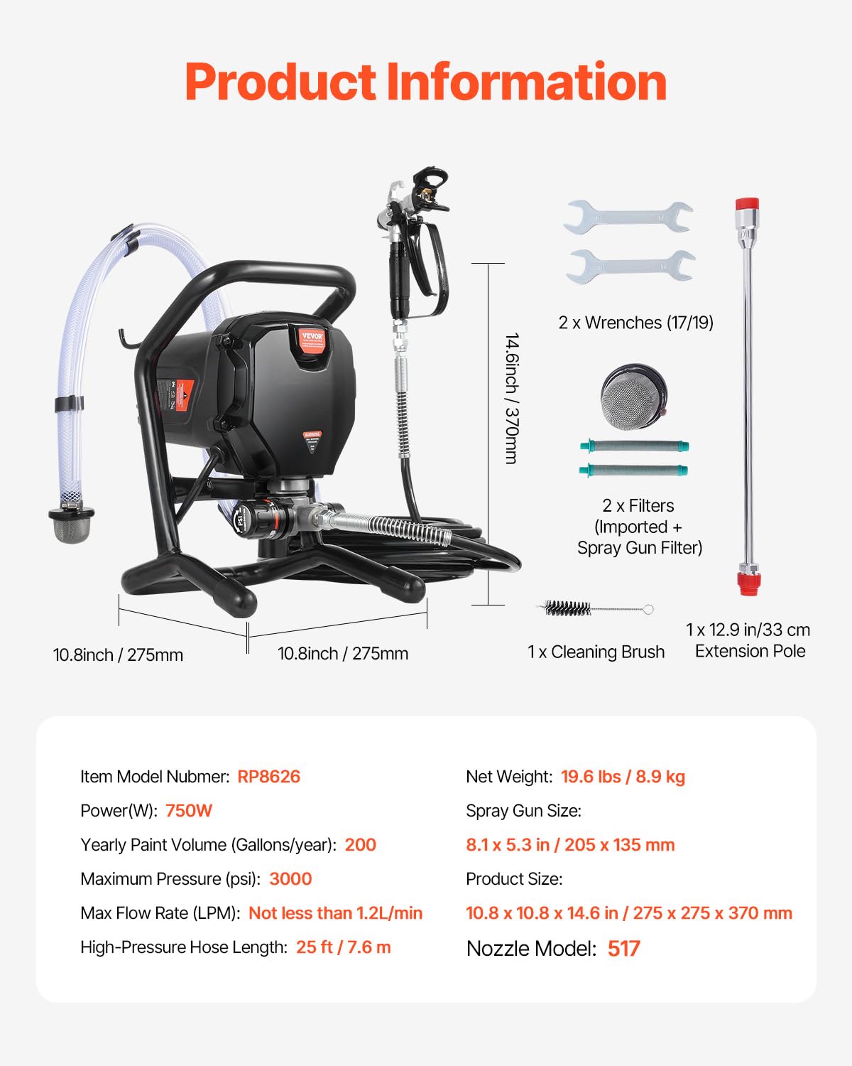 VEVOR Spruzzatore Airless per Vernice con Supporto, Spruzzatore Airless Elettrico ad Alta Efficienza da 750 W 3000 PSI, Effetto Verniciatura, per Mobili e Recinzioni Interni ed Esterni di Casa