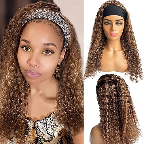 Blonde Highlights Curly Headband Wigs Human Hair 4/27 Colored Deep Wave Real Remy Hair Half Wigs with Headband Attached Brown with Honey Blonde Highlights Natural Hair None Lace Front Wig 16 Inch