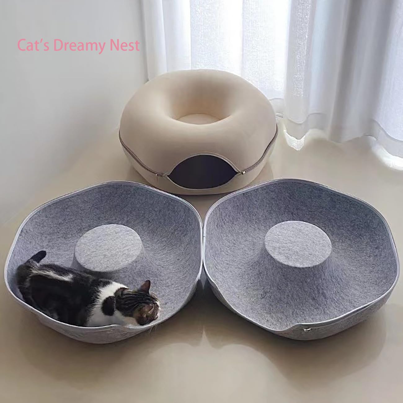 Felt Tunnel cat nest, Circular Felt Donut cat nest, Detachable cat Bed with Zipper, Suitable for Dogs, Cats, and Dogs to Sleep in All Seasons