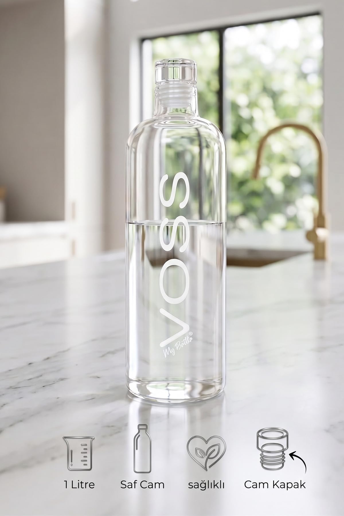 Voss szklana butelka na napoje, 1 l, ze szkła borokrzemowego, z szczelną pokrywką, butelka wielokrotnego użytku, do uprawiania sportu, biura, szkoły i na co dzień