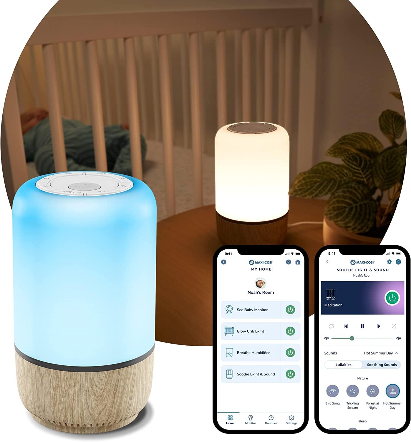 Maxi-Cosi Soothe Luce notturna intelligente per bambini con rumore bianco e musica, aiuta a sviluppare routine del sonno, attivabile con app o comando vocale, compatibile con Alexa e Google Home