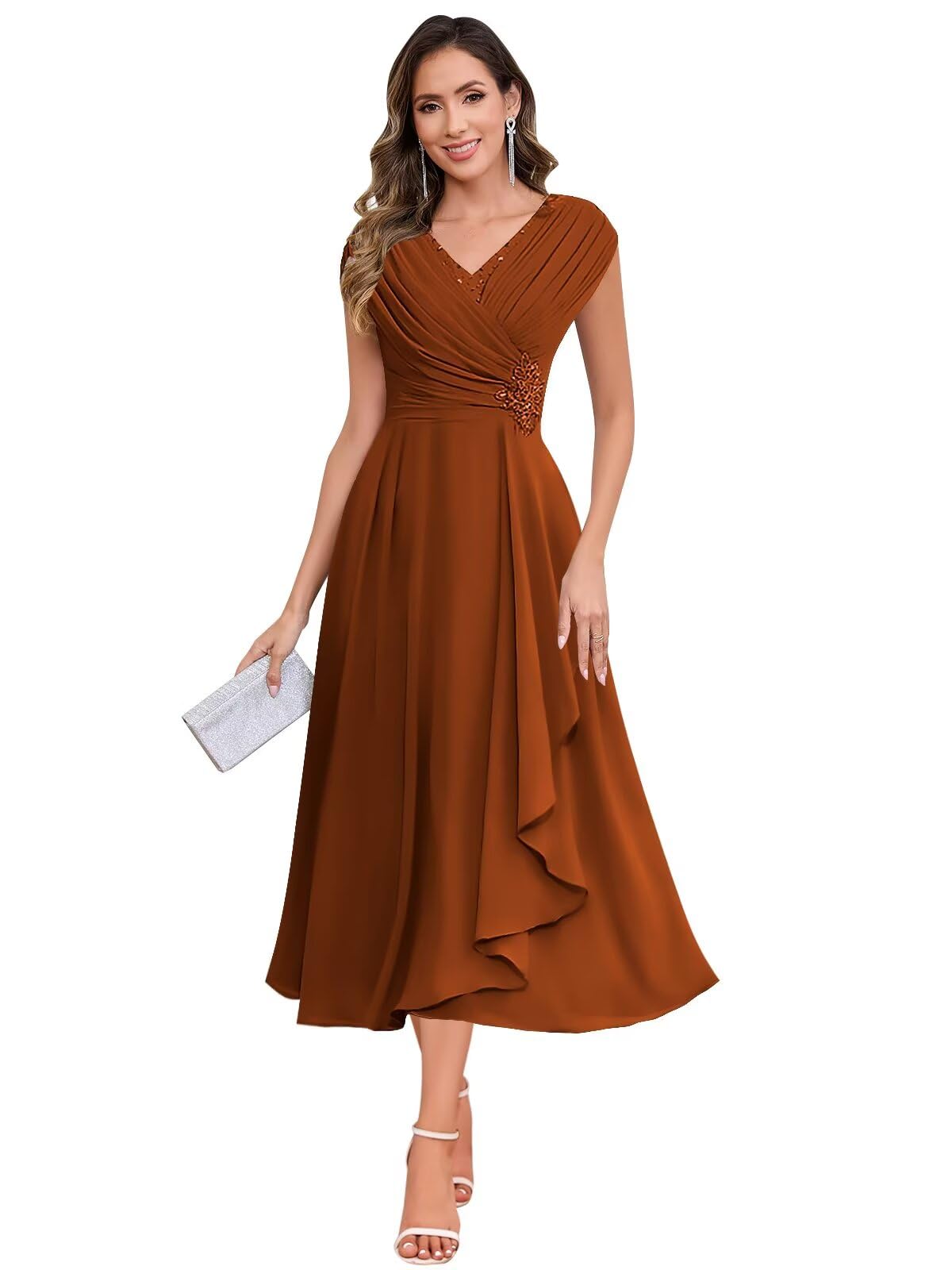 HANVAIOS Tea Length Mother of The Bride Dresses for Women Ruffle A Line Chiffon Formal Dress for Women