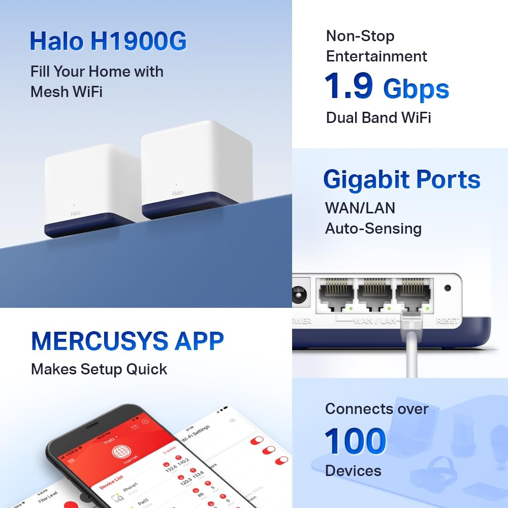 Mercusys Halo H1900G Mesh (zestaw 3 szt.)| System Mesh Wi-Fi AC1900 dla Całego Domu | Dwupasmowy do 1,9 Gb/s | Beamforming | Porty Gigabitowe | Płynny Roaming