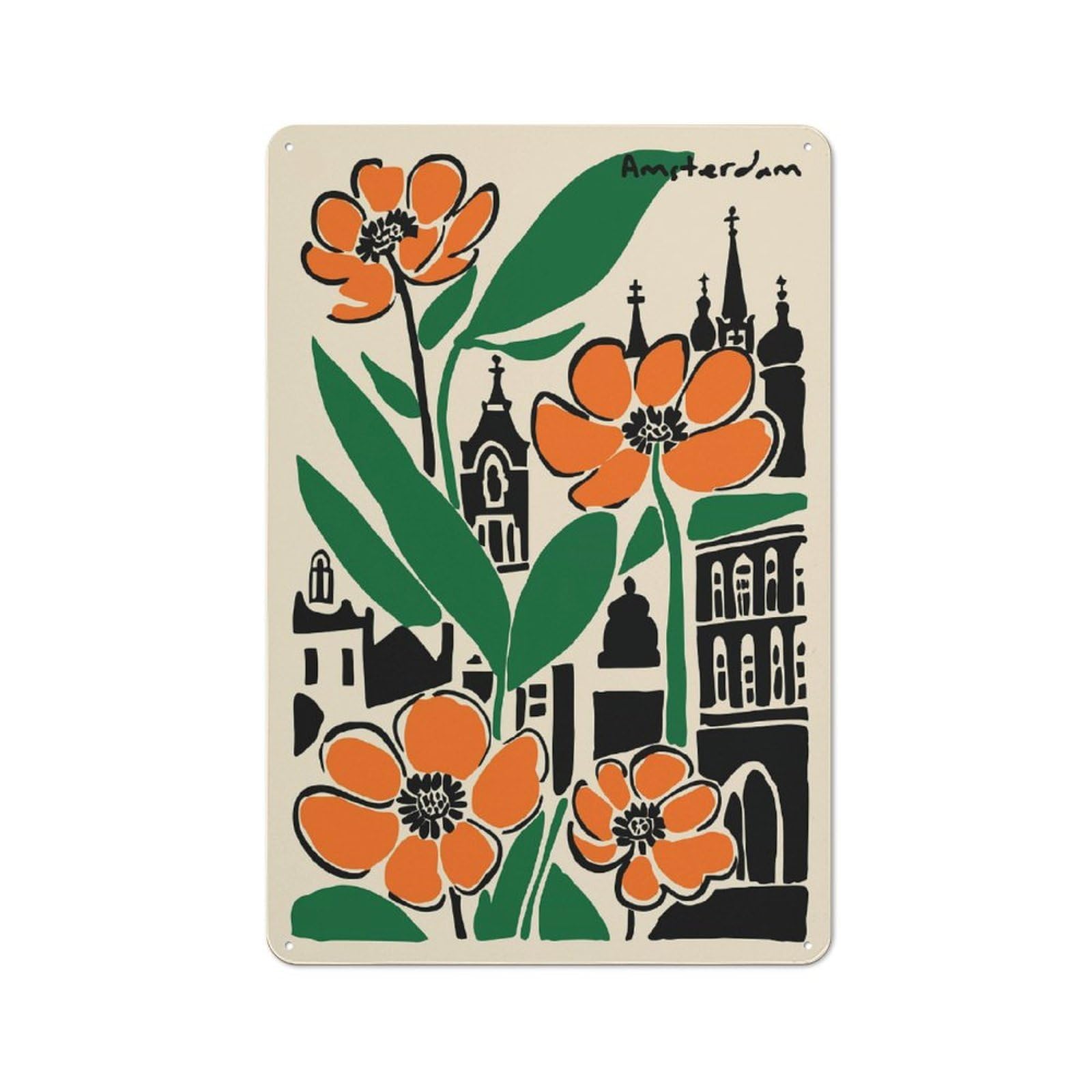 Junmoney Style-2 Retro Metal Wall Sign 30X20cm Featuring Amsterdam Flowers And Buildings Illustration For Pub Or Café, For Garage, Workshop And Man Cave Decoration