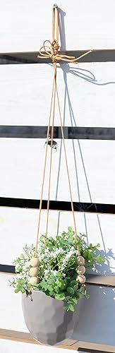 Miniatura 7 de Ebros Gift Maceta colgante ovalada de cerámica geométrica acanalada, contemporánea, con 3 puntas de cuentas de yute, colgador de cuerdas de yute